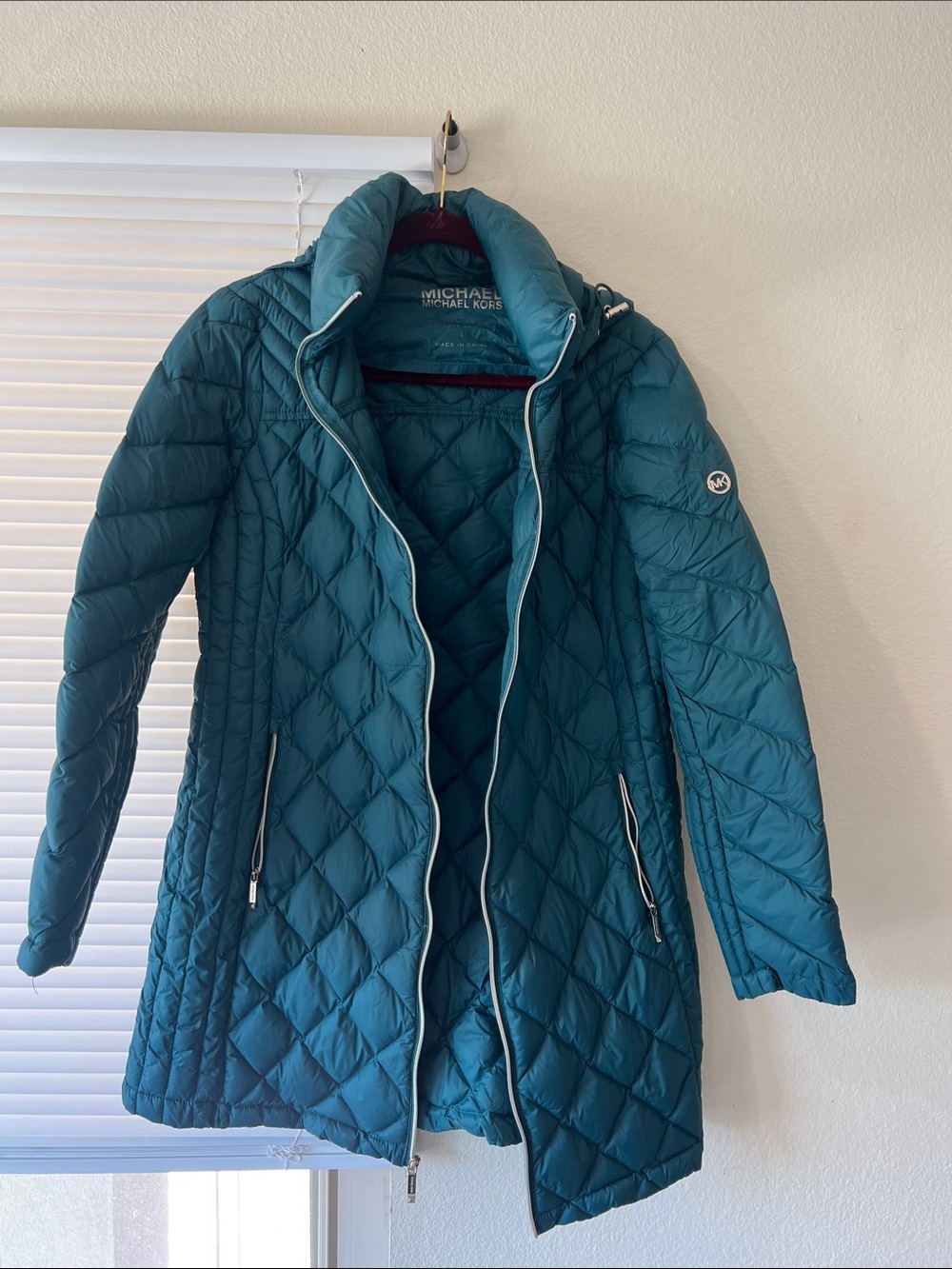 Michael Kors Teal Diamond-Quilted Long Puffer Coat
